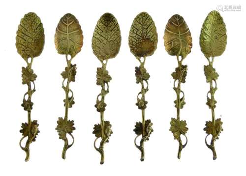 Set of six silver gilt mid 18th Century teaspoons, in the Rococo style, the bowls in the shape of