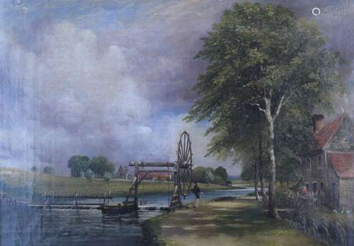 19th Century English School - Oil on canvas - Figure operating a sluice gate with onlooker at a