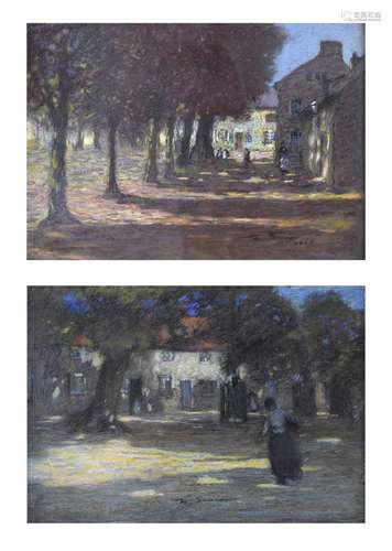 Mark Senior (Staithes Group) (1864-1927) - Pair of pastels - Figures in a village square bordered by