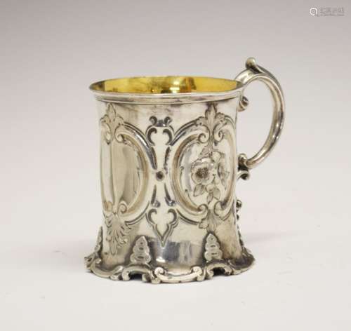 Victorian silver Christening mug, of slightly waisted cylindrical form with repousse scroll and
