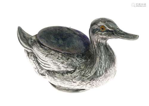 Edward VII silver novelty pin cushion in the form of a duck, sponsors mark of Sydney & Co,