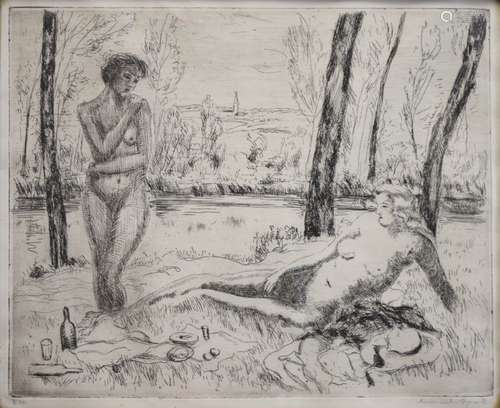 Armand Adrienne Marie Apol (Belgian 1879-1950) - Signed etching - Picnic on the riverbank, signed in