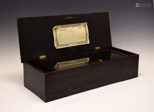 Late 19th/early 20th Century cylinder musical box, the cover inlaid with musical trophies, enclosing