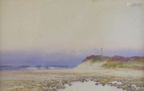 Frederick John Widgery (1861-1942) - Watercolour - Beach scene with gulls and a headland in bloom,