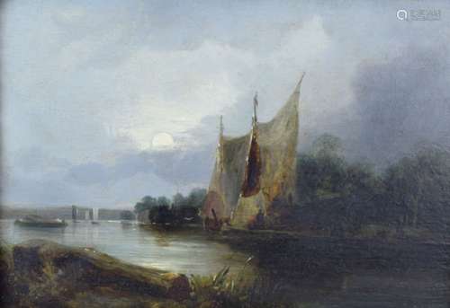 Circle of Edward Charles Williams - Oil on panel - Drying the sails, signed on reverse, 17cm x 24.