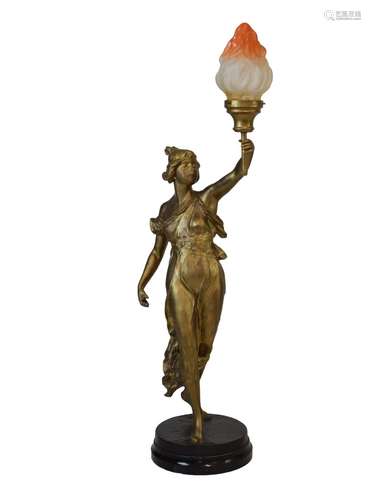 Early 20th Century French gilt spelter figural lamp, modelled as a maiden holding a torch aloft,