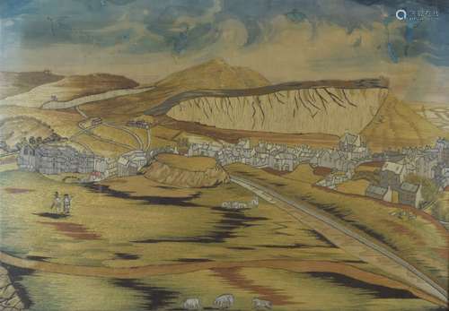 18th/19th Century silk needlework panel - A view across Edinburgh to Arthur's Seat, 46cm x 66cm,