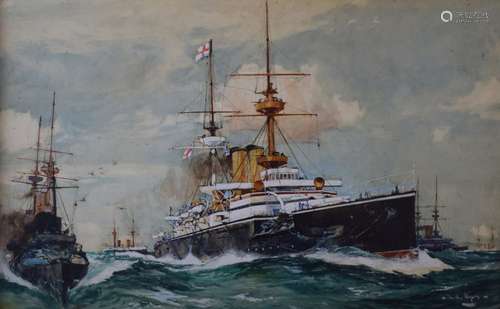 Charles Edward Dixon (1872-1934) - Watercolour with gouache - HMS Majestic - Flagship of the Channel