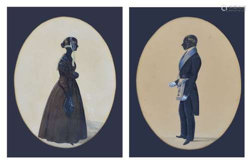 Pair of Victorian watercolour full length silhouettes - Portrait of a lady wearing lace shawl and