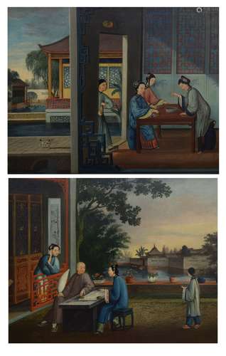 19th Century Chinese School - Pair of oils on canvas - Ladies and gentleman playing Dominoes and Go,