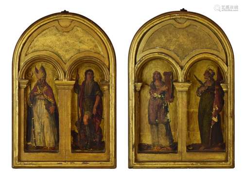 19th Century Italian School - Pair of twin panel devotional Icons, St Barbara and one other female