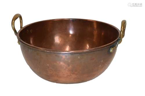 Large 19th Century two-handled copper bowl, of seamed construction with alloy handles, rolled rim