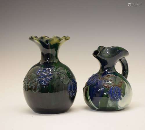 Elton Ware bulbous vase, having a ruffled rim, decorated with foliage on a mottled green and blue