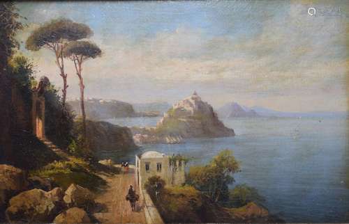 19th/20th Century Italian School - Oil on board - Italian coastal landscape with figures on a