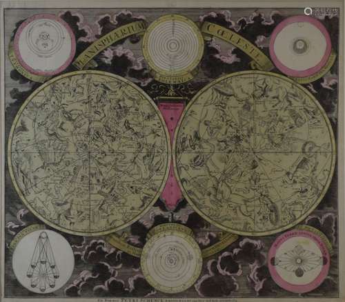 Petrus Schenck - 18th Century coloured print - Planisphaerium Coeleste - a double hemisphere