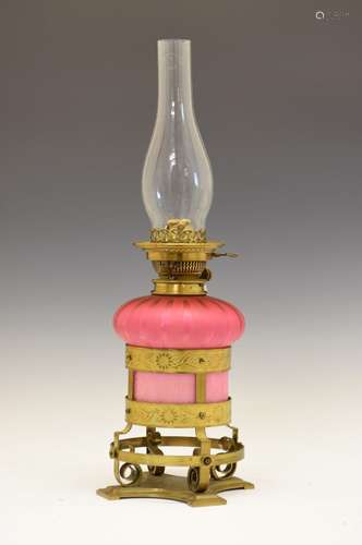 Unusual late Victorian Aesthetic period brass and satin glass oil lamp, the satin glass reservoir