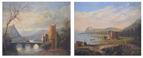 19th Century Continental School - Pair of oils on canvas - Classical ruins in an Italianate