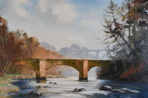 Antony Warren (20th Century English School) - Oil on canvas - River valley with stone bridge and