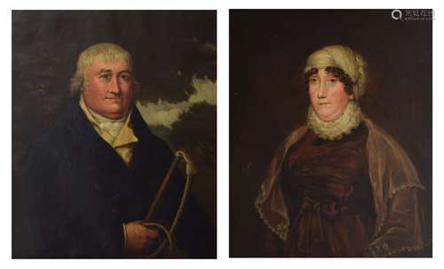 19th Century English School - Pair of oils on canvas - Portrait of a gentleman wearing dark blue