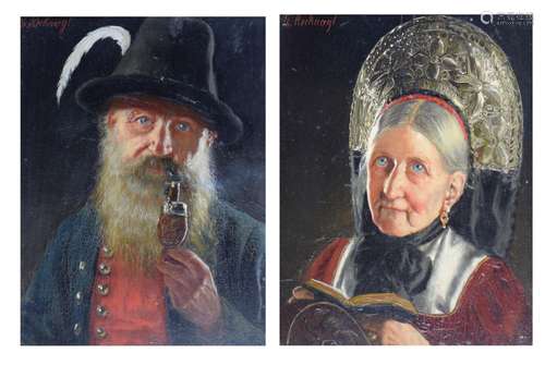 Theodore Recknagl (German 1865-1945) - Pair of oils on board - Head and shoulder portraits of an