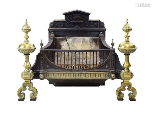 18th Century brass and iron fire-basket, the serpentine-fronted grate flanked by brass end standards