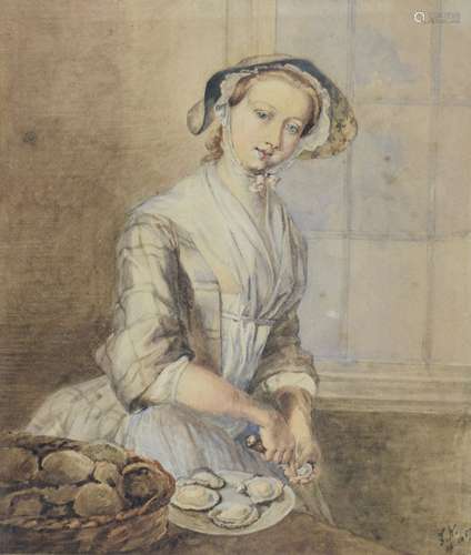 F.W. (19th Century English School) - Watercolour - Young woman opening oysters, monogrammed and