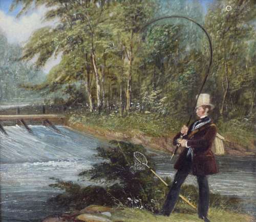 Attributed to Thomas Creswick (1811-1869) - Oil on board - 'Fly fishing at the stop near Mrs