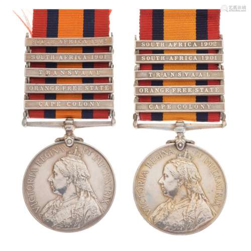 Two Victorian Queens South Africa Medals 1899-1902 awarded to 6264 Private E King of the Leinster