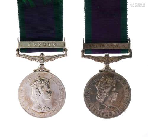 Two Elizabeth II Campaign Service Medals awarded to 23903347 Dvr CT Elliott of the Royal Corps of