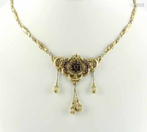 GRANATCOLLIER, Schaumgold und 585/ooo Gelbgold, mit Granatbesatz, L 40, 11,9g, um 1850