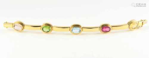 ARMBAND, 750/ooo Gelbgold, besetzt mit oval facettiertem Citrin, Morganit, Turmalin, Peridot und