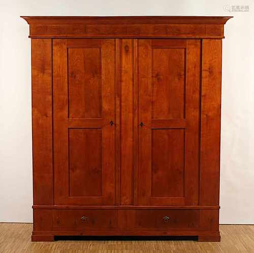 BIEDERMEIER-SCHRANK, Kirschbaum?, zweitüriger und zweischübiger Korpus, H 216, B 196, T 68, DEUTSCH,