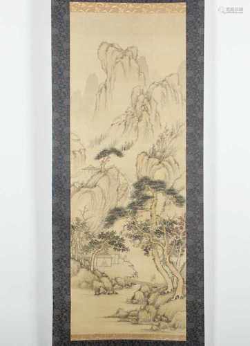 HÄNGEROLLE, Tusche und Farben auf Seide, Berglandschaft, 115 x 42, montiert, Siegel, CHINA, 19.Jh.