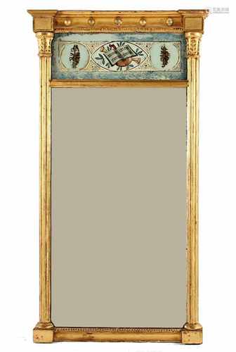 KLEINER SPIEGEL, Holz, Goldstuck, polychrom bemaltes Glas, besch., 82 x 44,5, ENGLAND, E.19.Jh.