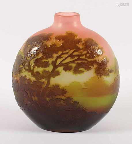 JUGENDSTIL-VASE, farbloses, satiniertes Glas, partiell roséfarben getönt, grün und braun überfangen,