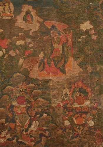 THANGKA DHARMATA, Gouache und Gold auf Leinwand, zentral der rastende Laienarhat mit dem