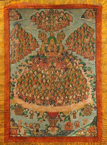 THANGKA TSONGKHAPA UND DER GELUGPA-ZUFLUCHTSBAUM, Gouache und Gold auf Stoff, 74 x 50,