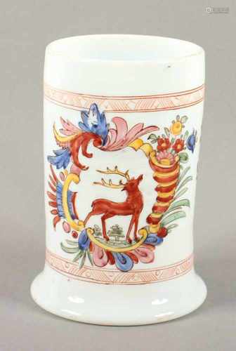 HUMPEN MIT JAGDMOTIV, Milchglas, bemalt, H 16,5, Henkel rest., DEUTSCH, M.19.Jh.