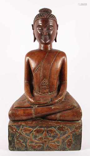 BUDDHA, Holz, geschnitzt, Reste einer Farbfassung, H 74, THAILAND