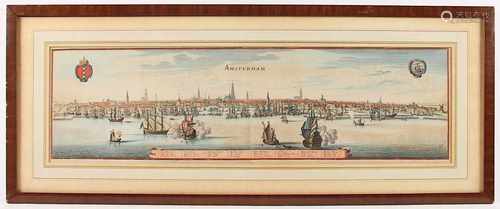 AMSTERDAM, Ansicht, kolorierter Kupferstich, 20,5 x 72,5, von M.MERIAN, um 1640, R.