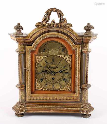 STOCKUHR, polychrom gefasstes Holzgehäuse, rest. und erg., Hinterzapplerwerk mit Messingplatinen,