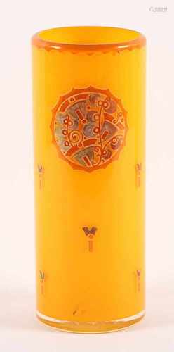 ART DECO-STANGENVASE, farbloses Glas, orange hinterfangen, ornamentaler Dekor, H 21, besch.,