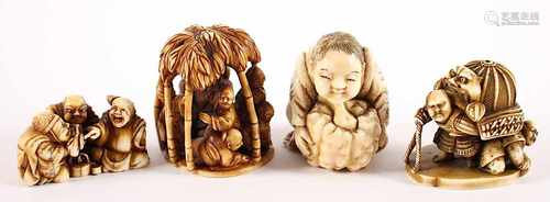 VIER NETSUKE, Elfenbein, fein geschnitzte Darstellungen mit verschiedenem Inhalt, a) Weise in