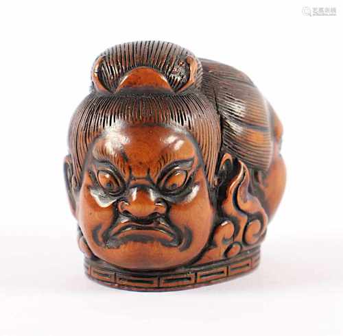 NETSUKE ZWEI MASKEN, Holz, Augen schwarzes Horn, fein und sehr ausdrucksstark geschnitzt, L 4,