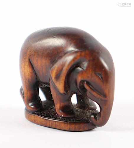 NETSUKE ELFEFANT, Buchsbaum, auf einer ovalen Sockelplatte steht ein indischer Elefant mit