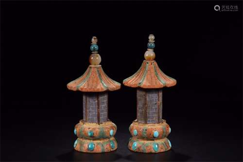 A Pair of Crystal Dagobas Inlaid with Gems