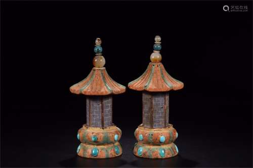 A Pair of Crystal Dagobas Inlaid with Gems