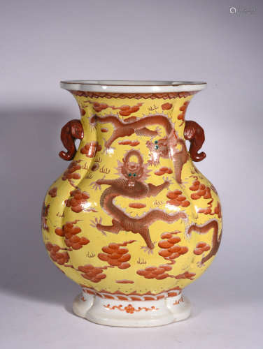 A Chinese Yellow-Ground Famille Rose Porcelain Zun  