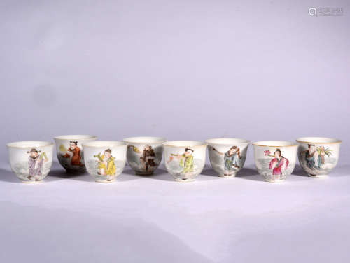 A Set of Chinese Light Crimson Porcelain Cups,8pcs