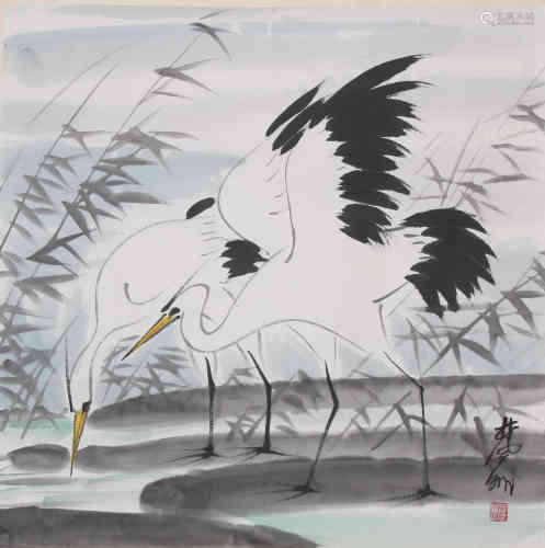 A Chinese Egrets Painting, Lin Fengmian  Mark